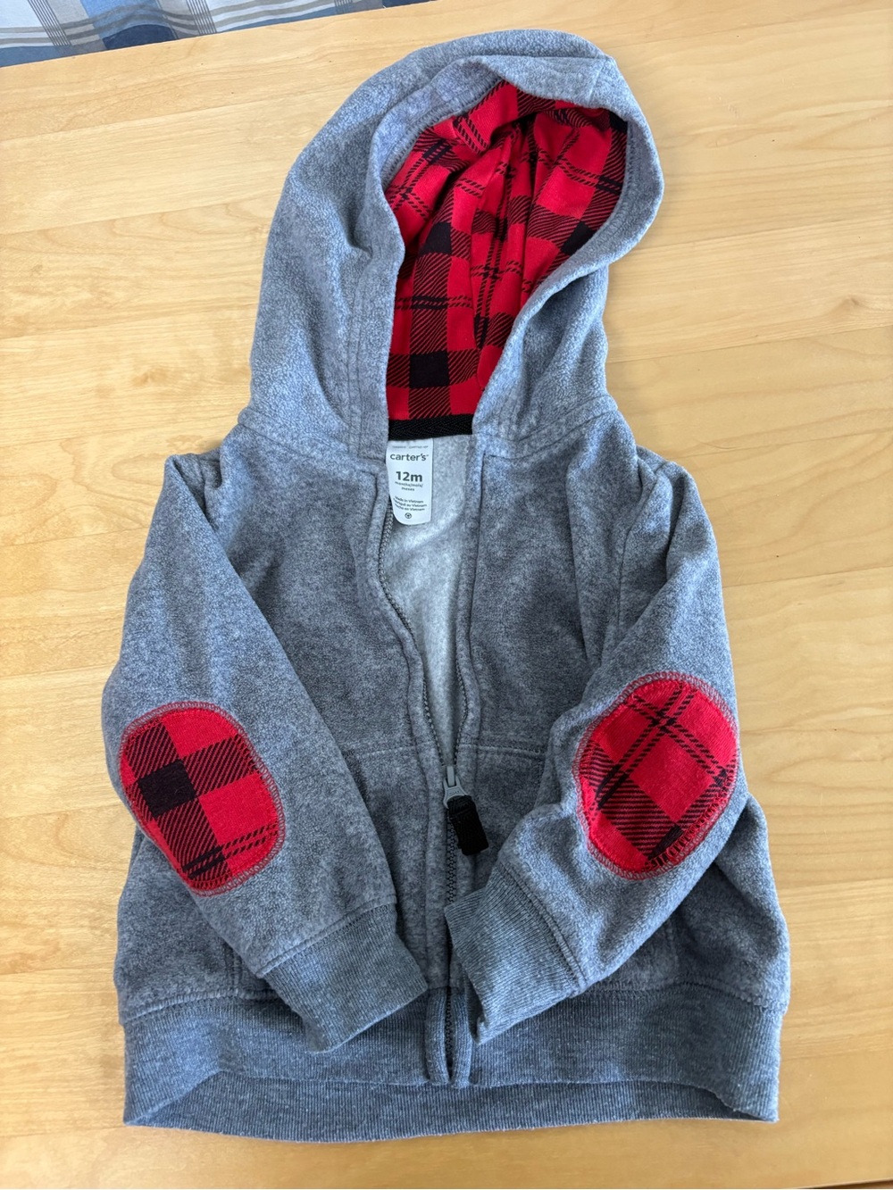 Carter's Gray Hoodie with Red Plaid Trim